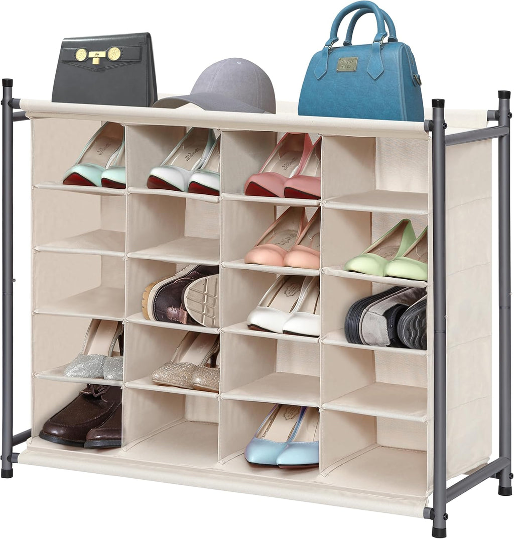 Storage Maniac Stackable Shoe Cubby Organizer - 20-Cube Free Standing Rack for Entryway & Bedroom | Beige