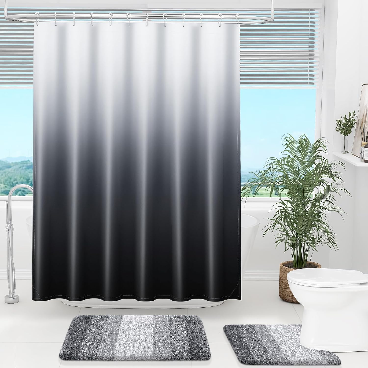 OLANLY Chenille Bath Rug & Shower Curtain Set - Soft Grey Rug 30x20 in & Elegant Black/Grey Curtain 72x72 in