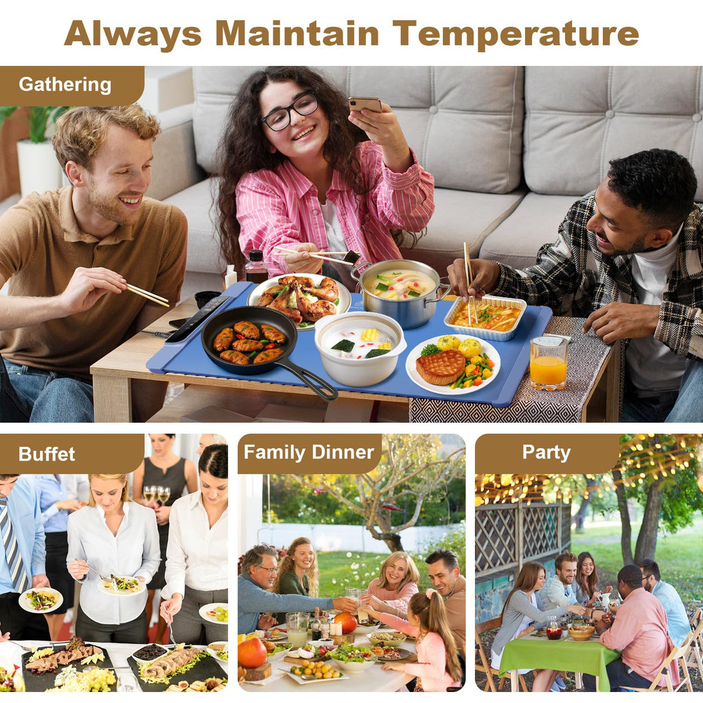 Food Warming Mat 25.2" x 14.96",Electric Warming Tray for Fast Heating | Foldable Warming Mat for Food with Adjustable Temperature Control & Timer, Raised Feet for Family Gatherings & Daily Use