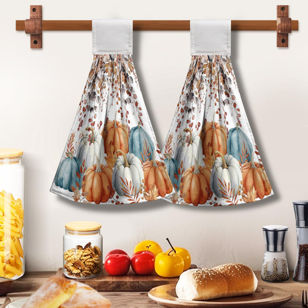 Cneztholim Fall Pumpkins Kitchen Hand Towels with Loop 2 Pcs Autumn Leaves Pumpkin Hanging Dish Towels Soft Absorbent Tie Towel Dishcloths for Bathroom Kitchen Washroom 17 x 12 in