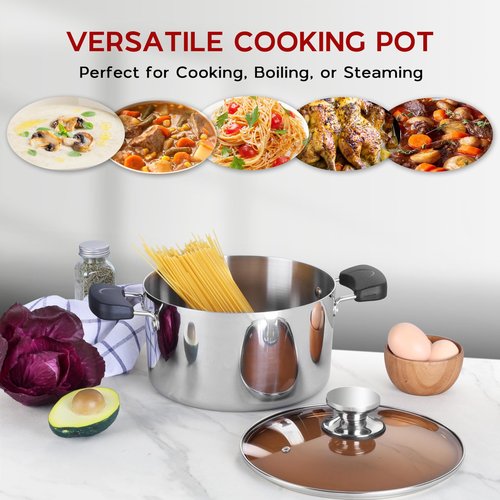6 Quart Stainless Steel Stock Cooking Pot, Onader Tri-Ply Soup Induction Pot Stockpot with Lid & Anti-Scald Handles