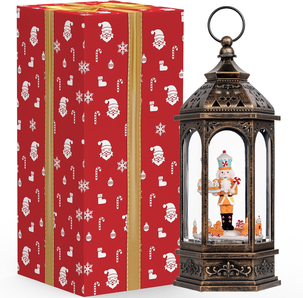 Skiennix Christmas Gingerbread Nutcracker Snow Globe Lantern - Lighted Animated Train with Glitter & Music