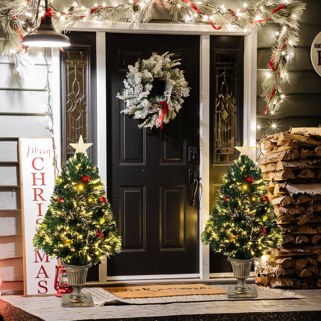 Joeoy 3Ft Pre-lit Optical Fiber Christmas Tree, Artificial Lighted Entrance Xmas Tree with Tree Topper Star and Hanging Ornaments Christmas Decorations for Yard Front Door Entryway