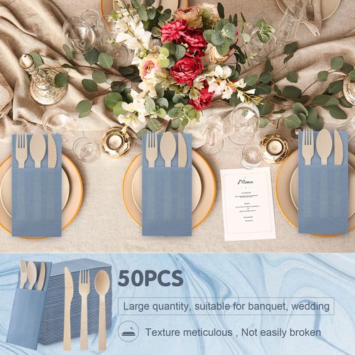 Gueevin 200 Pcs Wooden Cutlery Set Disposable Wood Utensil for 50 Guest Fork Spoon Knives Linen Napkin Disposable Cutlery for Wedding Party Supplies Event and Takeout(Dusty Blue)