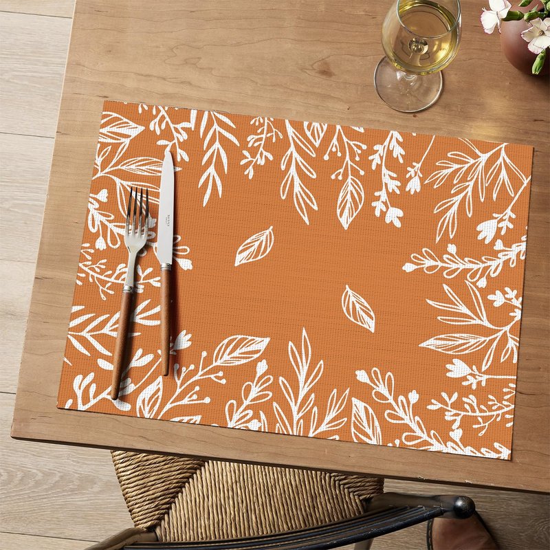 Artoid Mode Orange Weed Wild Flower Vinyl Plastic Placemats Set of 4, 12x18 Inch Woven Washable Non-Slip PVC Place Mats for Party Kitchen Dining Decor