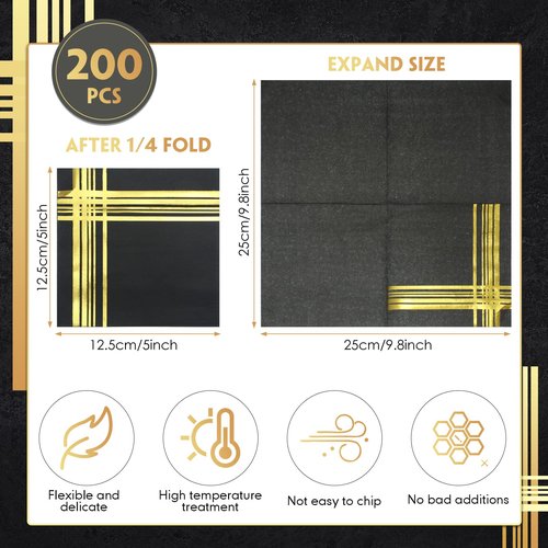 Mimorou 200 Pcs Black and Gold Napkins, 5 x 5 Inch Disposable Cocktail and Dessert Napkins with Gold Trim for Wedding Anniversary Birthday Events