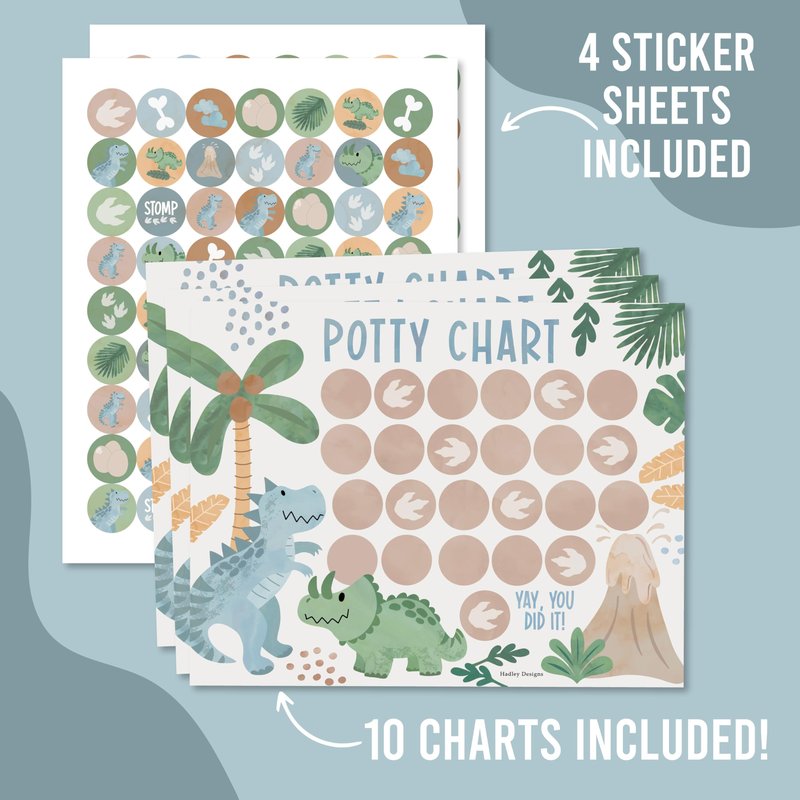 Hadley Designs Potty Training Chart for Toddlers Boys -10 Sticker Potty Chart for Toddlers Boys, 8.5x11" Potty Training Sticker Charts for Toilet Success, Dinosaur Toddler Reward Chart for Kids