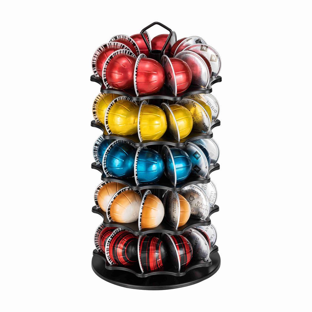 FlagShip 50 Vertuo Pods Carousel Holder Black Coffee Pod Holder 360° Rotating Rack Stand for Vertuoline Pods 5 Tier (50 Pods Capacity)