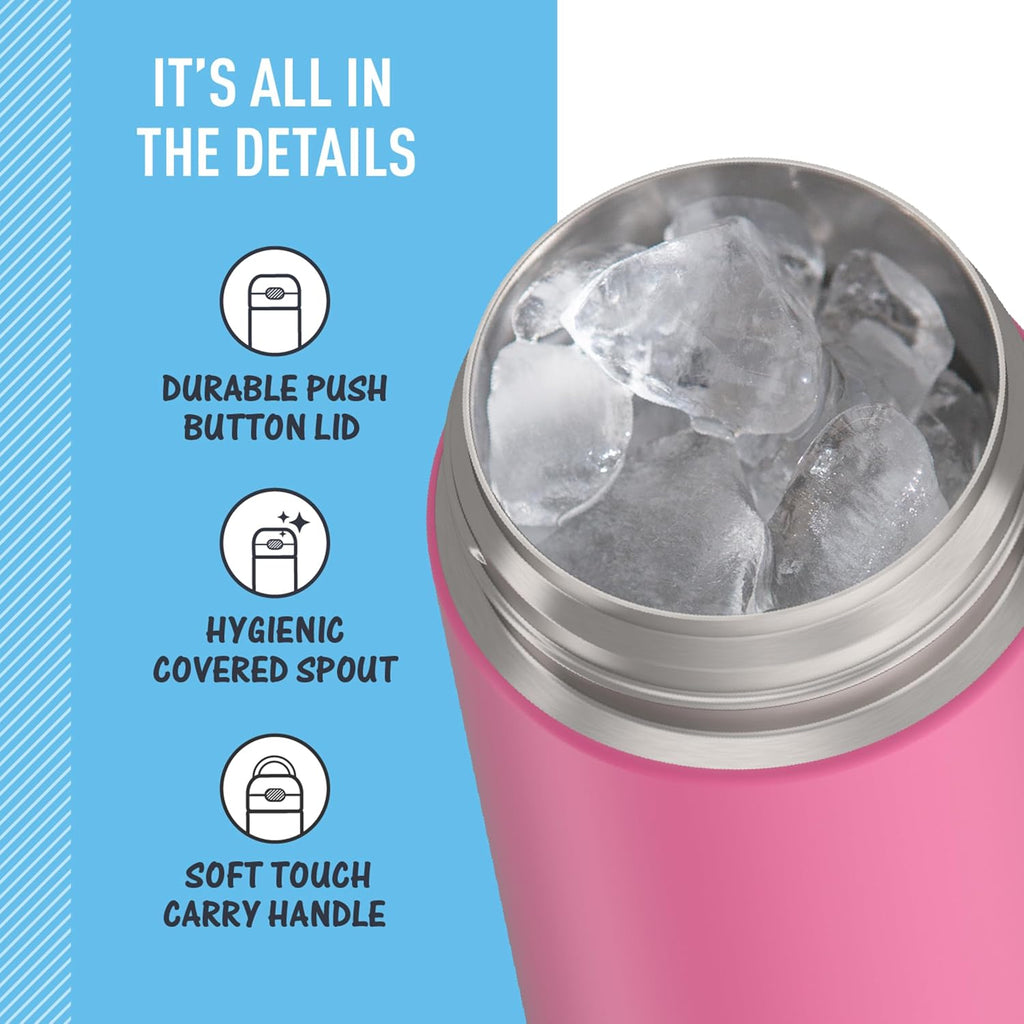 THERMOS FUNTAINER 16 Ounce Stainless Steel Vacuum Insulated Bottle - Wide Spout Lid, Neon Pink