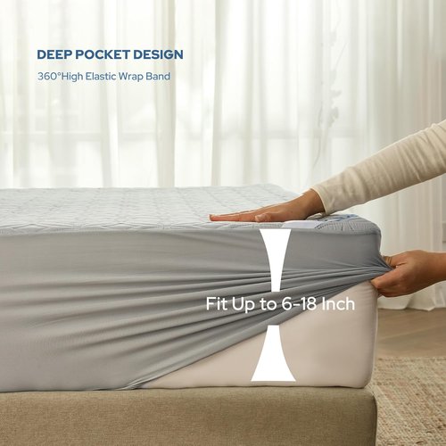 BEDLORE Waterproof Mattress Protector - Soft Queen Size Pad with Deep Pocket for 6"-18" Depth - Light Gray