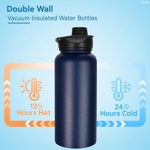 VEGOND 32 oz Insulated Water Bottle Bulk Stainless Steel Metal Water Bottles with Leak Proof Straw Lid & Spout Lid, Wide Mouth Double Walled Vacuum Travel Sports Bottle, 8 Pack