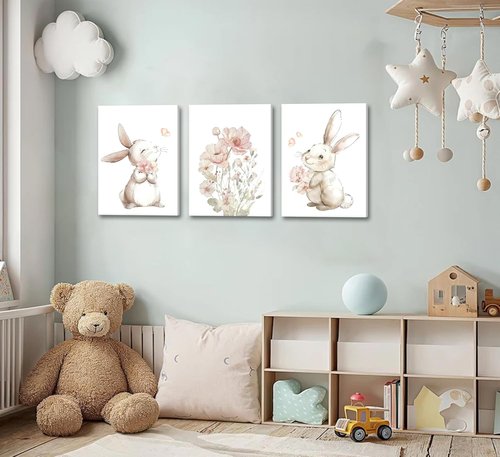 Grengel Pink Girl Nursery Bunny Canvas Wall Art - Cute Rabbit & Wildflowers Decor for Baby Rooms