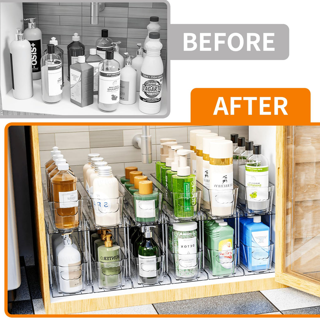 SUOXING 4 Pack Bathroom Under Sink Organizer for Small Spaces,5.1" Narrow 2 Tier Under Cabinet Storage for Cleaning Supplies Organization,Pull Out Kitchen Cupboard Underneath Sink Organizer,Clear