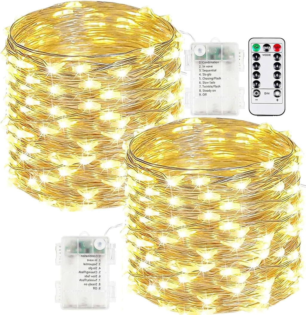 Skiennix 2-Pack Battery Operated Fairy Lights - 66FT Waterproof 200 LED String Lights | 8 Modes with Timer for Indoor/Outdoor Decor (Warm White)