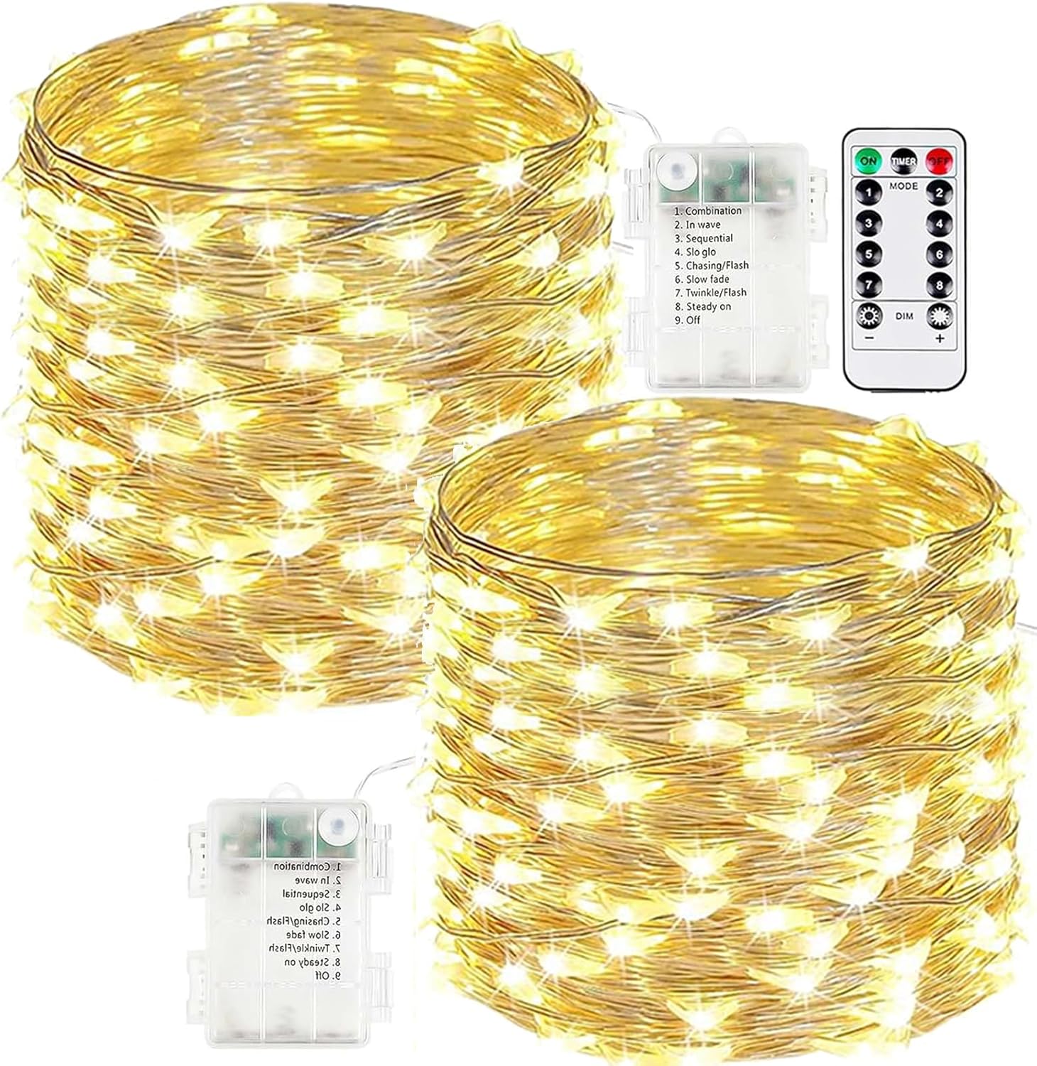 Skiennix 2-Pack Battery Operated Fairy Lights - 66FT Waterproof 200 LED String Lights | 8 Modes with Timer for Indoor/Outdoor Decor (Warm White)