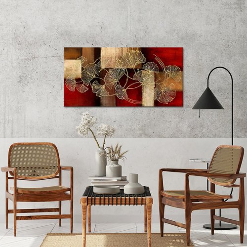 sechars Large Abstract Canvas Wall Art Golden Ginkgo Leaf Painting Artwork Modern Leaves Picture for Living Room Bedroom Decoration 24x48 Inch (Red)