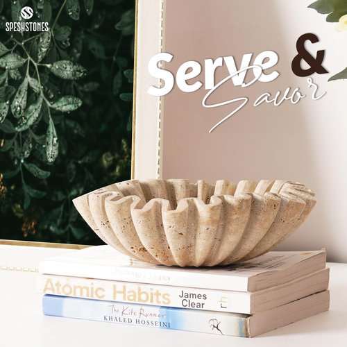 SPESHSTONES Marble Decorative Bowl 8 Inch Travertine Stone Fruit Bowl for Kitchen Counter, Centerpieces for Tables & Gifts, Large Ruffle Bowl, Aesthetic Scalloped Bowls for Home Decor Accents