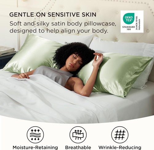 Bedsure Body Pillow Cover - 20x54 Inches Sage Green Satin for Hair & Skin, Cooling & Silky Design