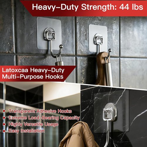Latoxcaa Heavy-Duty Adhesive Hooks - 8-Pack, 44lb Max Capacity, Waterproof & Transparent for Home Use