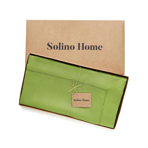Solino Home Linen Tablecloth for Rectangle Tables 60 x 90 Inch - Classic Hemstitch 100% Pure Linen Lime Green Table Cloth - Machine Washable Cloth Tablecloth for Spring, Easter, St Patricks Day