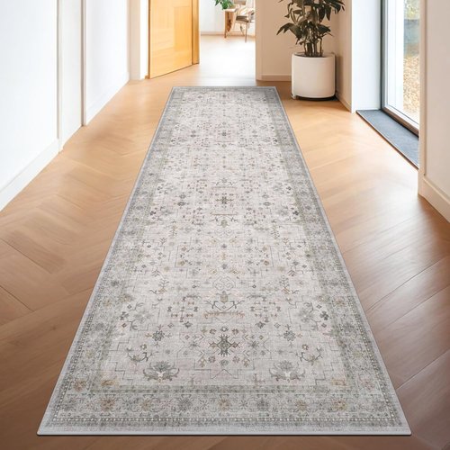Hazo Haus Light Gray Kitchen Rug - Modern Boho Floral Geometric Design, Washable 12 ft Non-Slip Runner