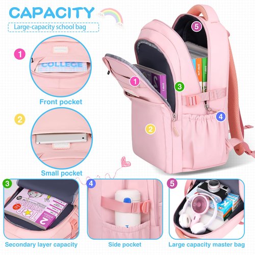 PRAGARI Aesthetic Backpack for School Cute Laptop Pink Backpack Teens Girls Travel Casaul Daypack Lightweight Book Bags