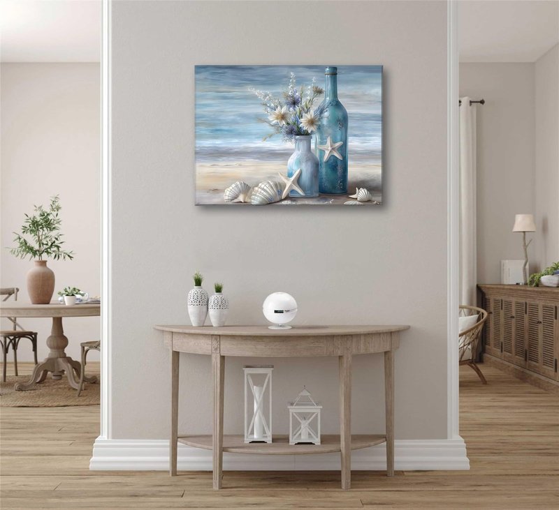 Blue Beach Ocean Flower Canva Wall Art Coastal Seascape Floral Vase Poster Picture Starfish Conch Theme Painting Rustic Shell Print for Bedroom Living Room Office Wall Decor Framed