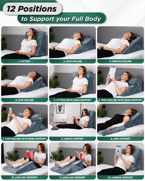 Lunix LX6 3-Piece Compact Support for Reading, Rest & Leg Elevation, Premium Odor-Free Orthopedic Bed Wedge Pillow Set, Memory Foam, Washable Cover, Stone Navy