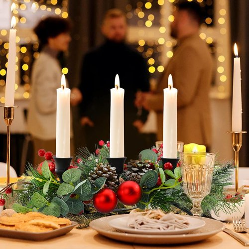 MrMrKura Christmas Tabletop Centerpiece - 3 Candle Holders with Pine Cones & Red Berries for Festive Dining Room Decor