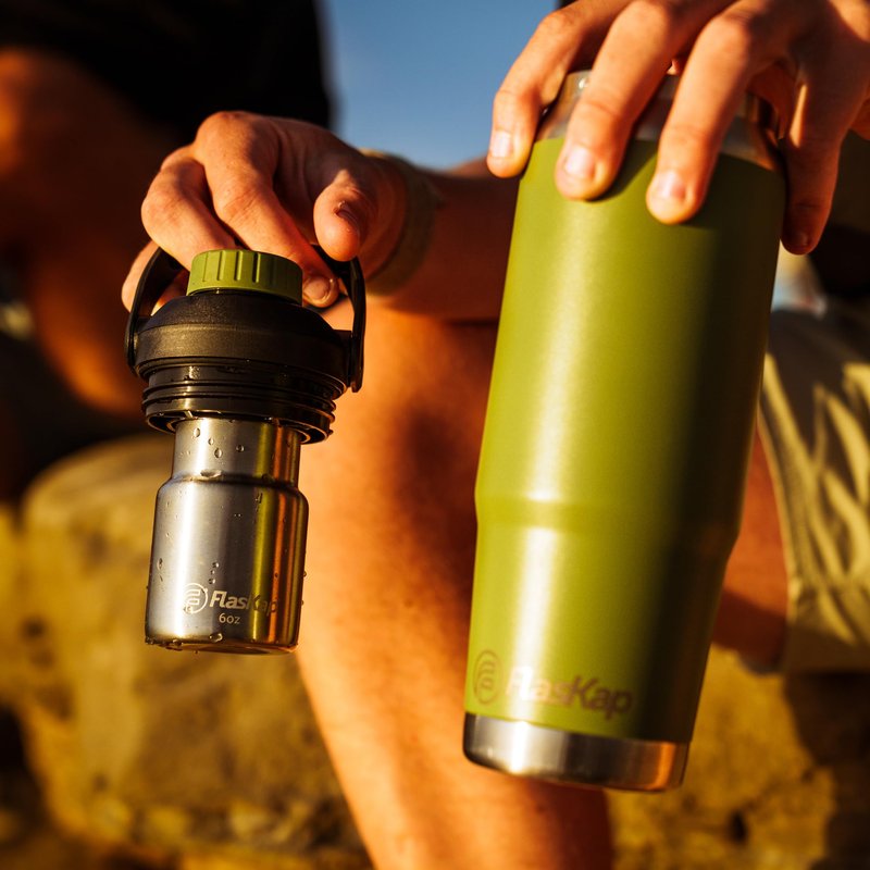Flaskap FreePour System: 6oz Mixed Drink Tumbler Attachment and 26oz Cup Holder Friendly, Stainless Steel Water Bottle, Removable Hidden Flask Reservoir