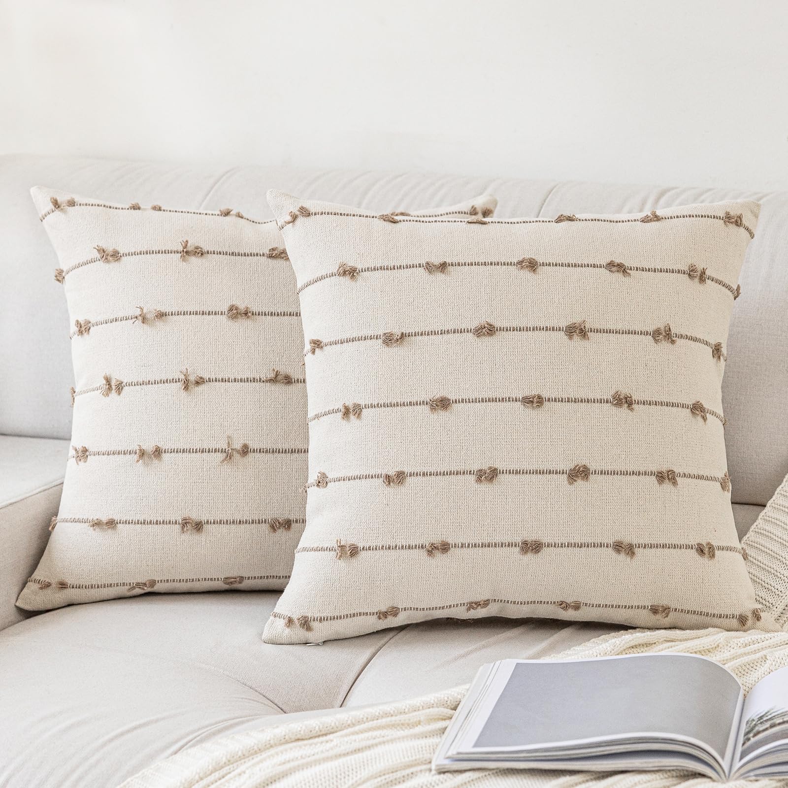 YEENAASY Boho Throw Pillow Covers 18x18 Set of 2 Modern Farmhouse Decorative Cushion Case Tufted Square Pillows Cover Neutral Pillow Cases Accent Pillowcase for Sofa,Couch,Bed,Beige and Khaki
