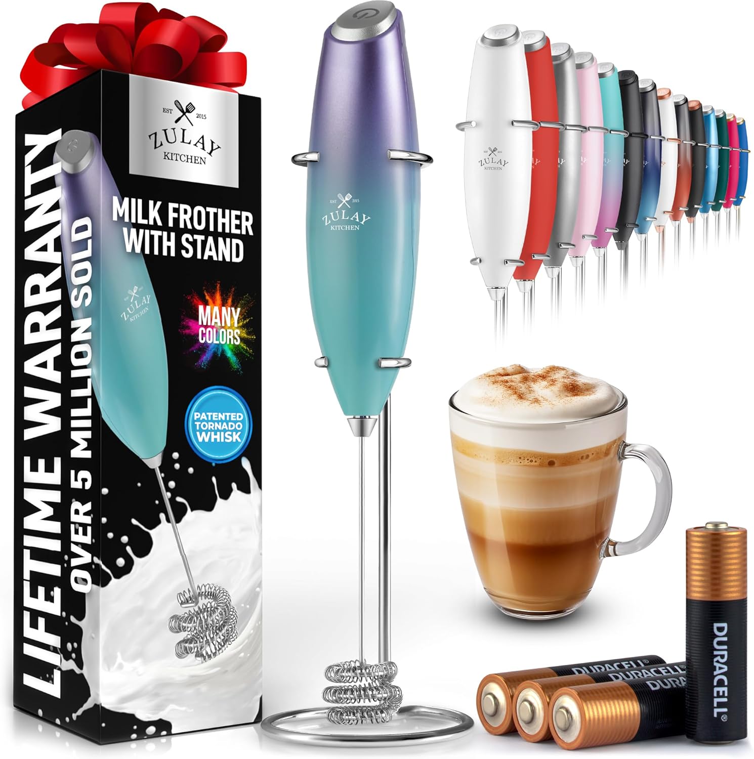 Zulay Kitchen Tornado Triple Whisk Milk Frother - Handheld Foam Maker for Coffee & Lattes - Includes 4 Duracell Batteries