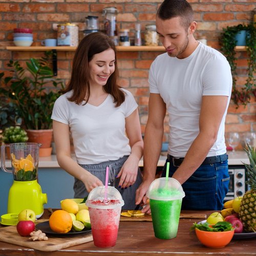 Ninehaoou 24 Sets Slushie Cups with Dome Lids and Straws Detachable Spoon Straws Reusable 16 oz Plastic Iced Coffee Cups Smoothie Tumbler for Birthdays Summer Party Supplies (Transparent White)