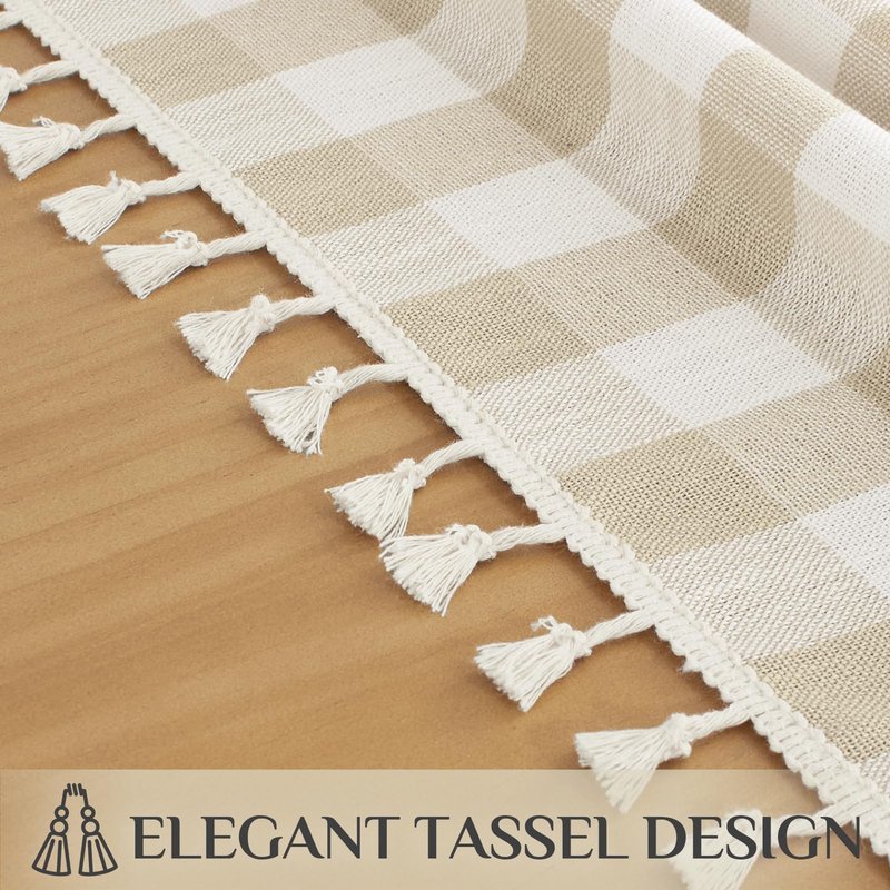 Softalker Checkered Tablecloth Rectangle, Outdoor Linen Cotton Gingham Table Cloth with Tassel, Heavy Duty Wrinkle Free Buffalo Plaid Table Cover for Kitchen Dining Summer Party - 55 x 70 Inch, Beige