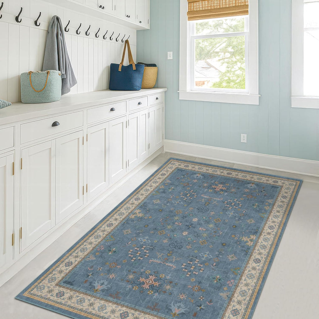 Regine Switzerland Washable Blue Entryway Rug - 3x5 Non-Slip Throw Rug for Kitchen, Bedroom, Mudroom
