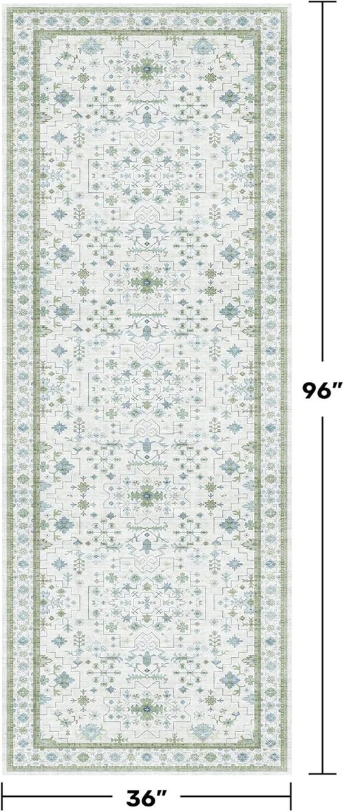 Hazo Haus Turkish 3x8 Wide Hallway Runner - Cream Green Oushak Boho Floral, Washable Non-Slip Rug