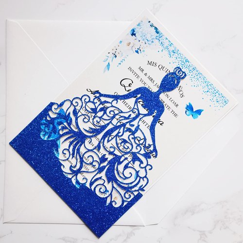 FLZOPYNE 50PCS Blank Quinceanera Invitations, 5 x7.3 Inch Laser Cut Girl Princess Invitation Card Kit with Envelopes for Quinceañera, XV Años, Mis Quince, Birthday Party Sweet 16 (Royal Blue Glitter)