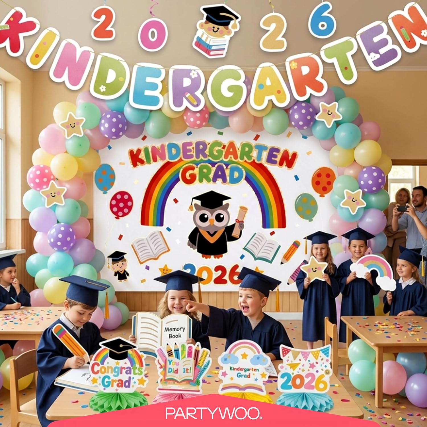 PartyWoo Graduation Decorations 2026 - Colorful Rainbow 40pcs Set with Congrats Grad Banner & Balloons