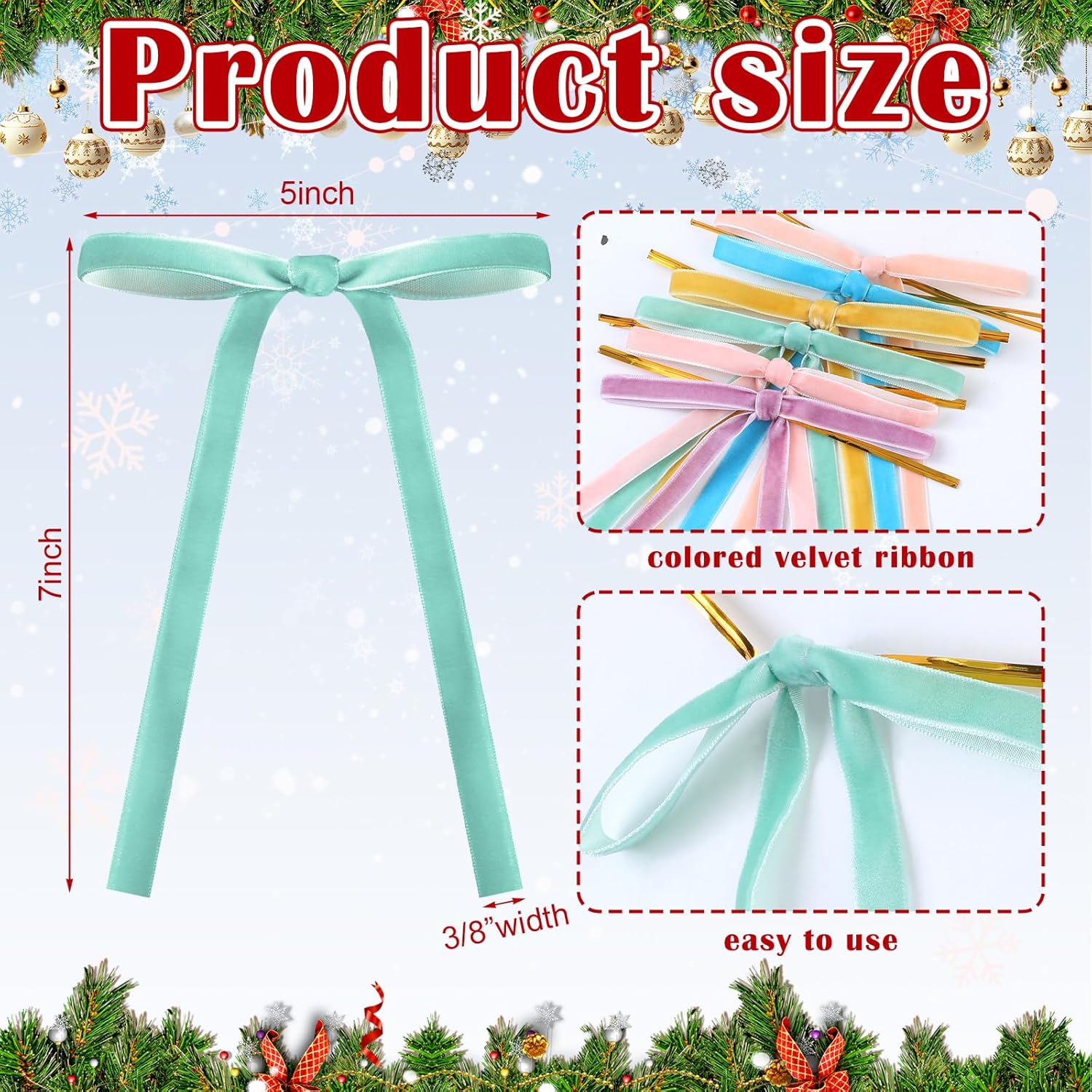 Skiennix 24 Pcs Velvet Bows - Vintage Ribbon Bows for Christmas Tree & Crafts | Pastel Rainbow (5 x 7 Inch, 3/8" Width)