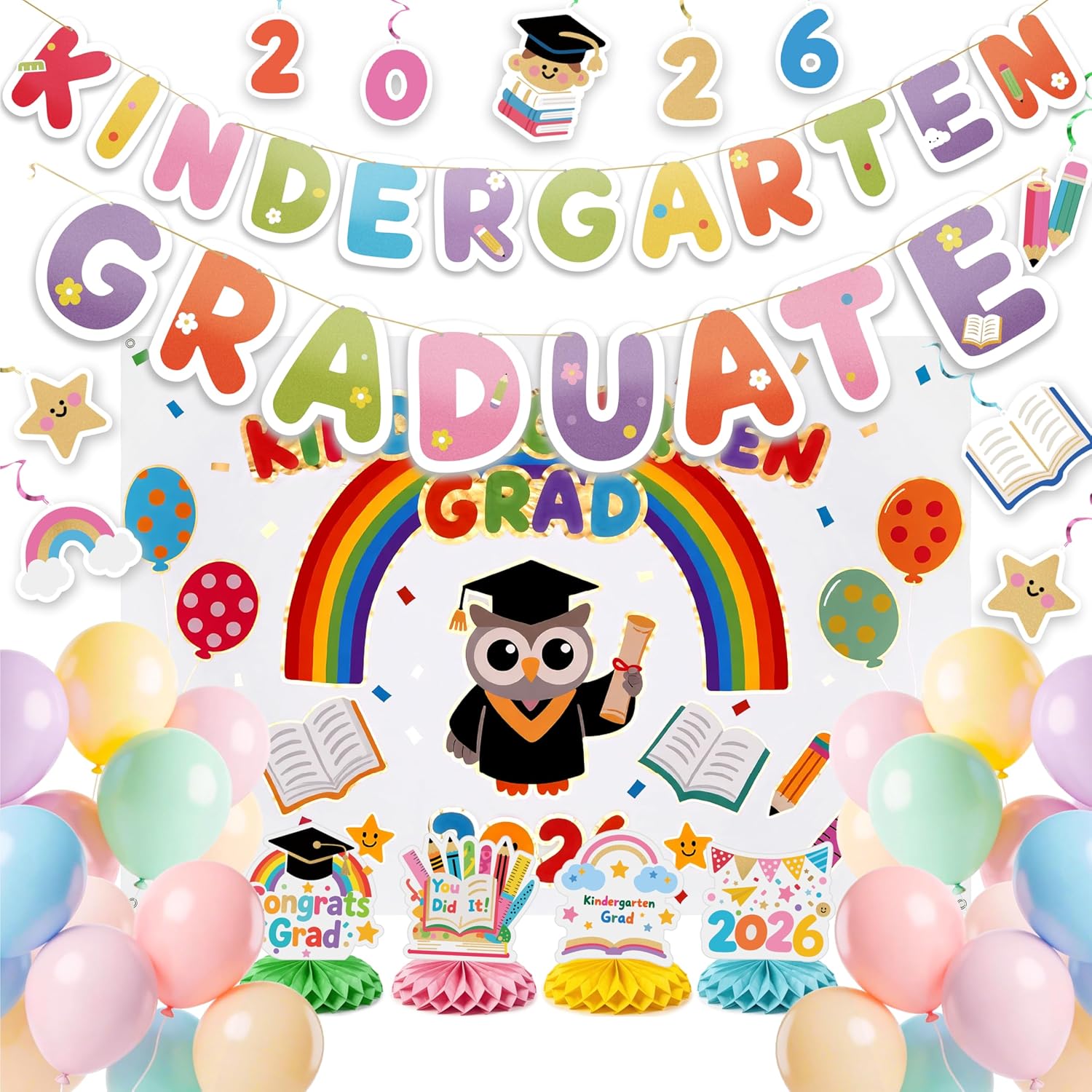 PartyWoo Graduation Decorations 2026 - Colorful Rainbow 40pcs Set with Congrats Grad Banner & Balloons