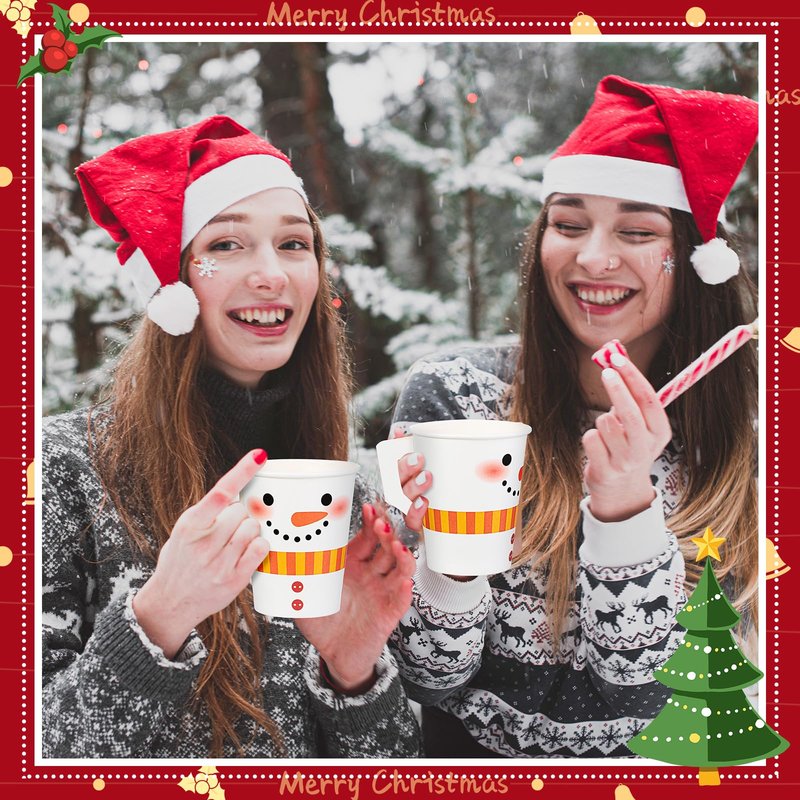 Zhehao 120 Pcs 9 oz Christmas Espresso Paper Cups with Handles Christmas Cups Disposable Tea Cups Disposable Coffee Mugs for Kids Adults Beverage Holiday Xmas Party Supplies (Snowman)