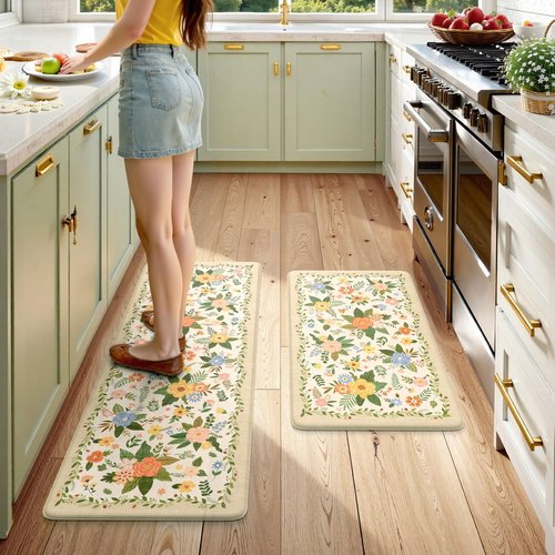 KIMODE Kitchen Mats for Floor Anti Fatigue, Beige Boho Kitchen Rugs Non Slip, Padded Kitchen Floor Mats, Memory Foam Kitchen Mats Cushioned, Standing Desk Mat for Laundry Office Sink 17"x47"+17"x29"