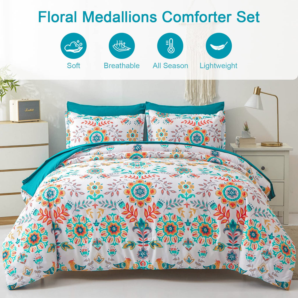 DHSFKBE Boho Comforter Set Queen - 7 Pieces Bed in a Bag Floral Medallions Design, Bohemian Comforter Set with Sheets, Soft Microfiber Complete Bedding Sets All Season (Teal Blue, Queen)