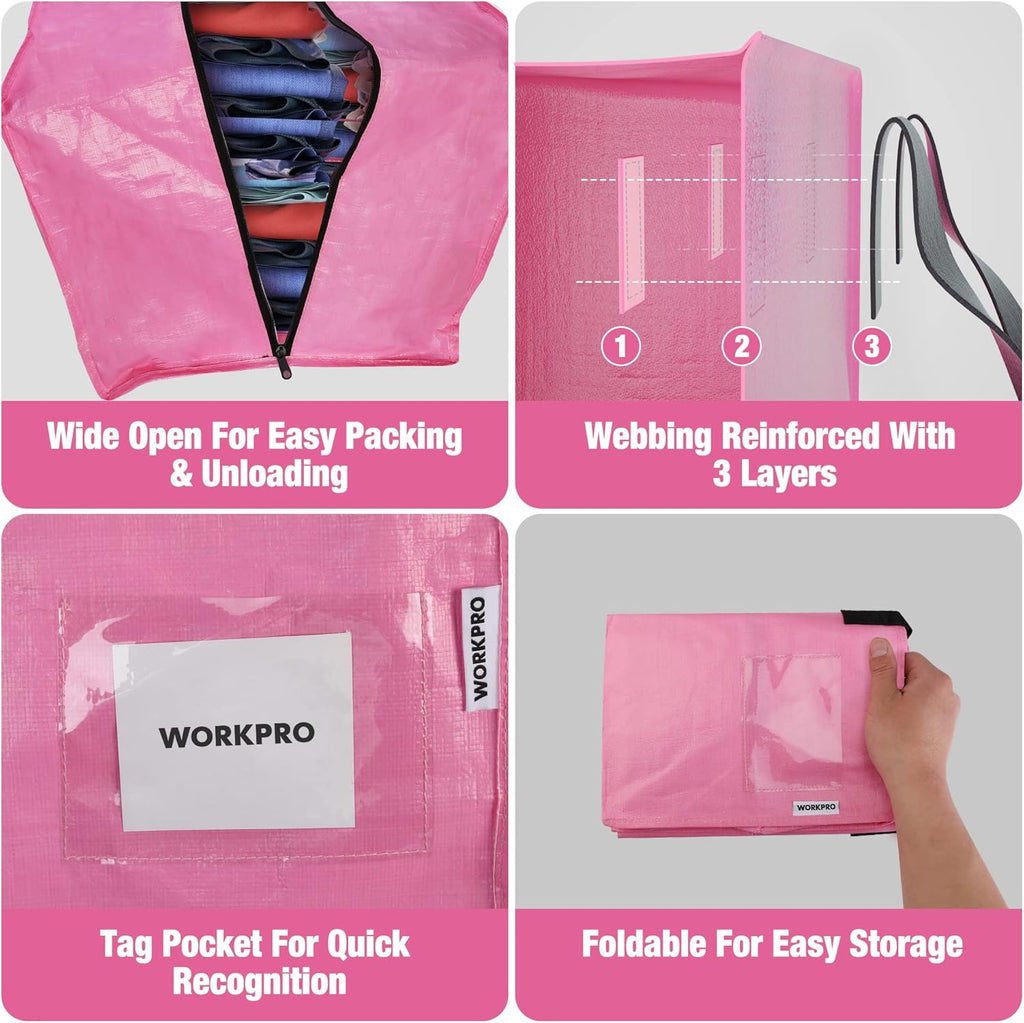 WORKPRO Extra Large Moving Bags - Heavy-Duty Storage Totes with Zippers & Carrying Straps (Pink)
