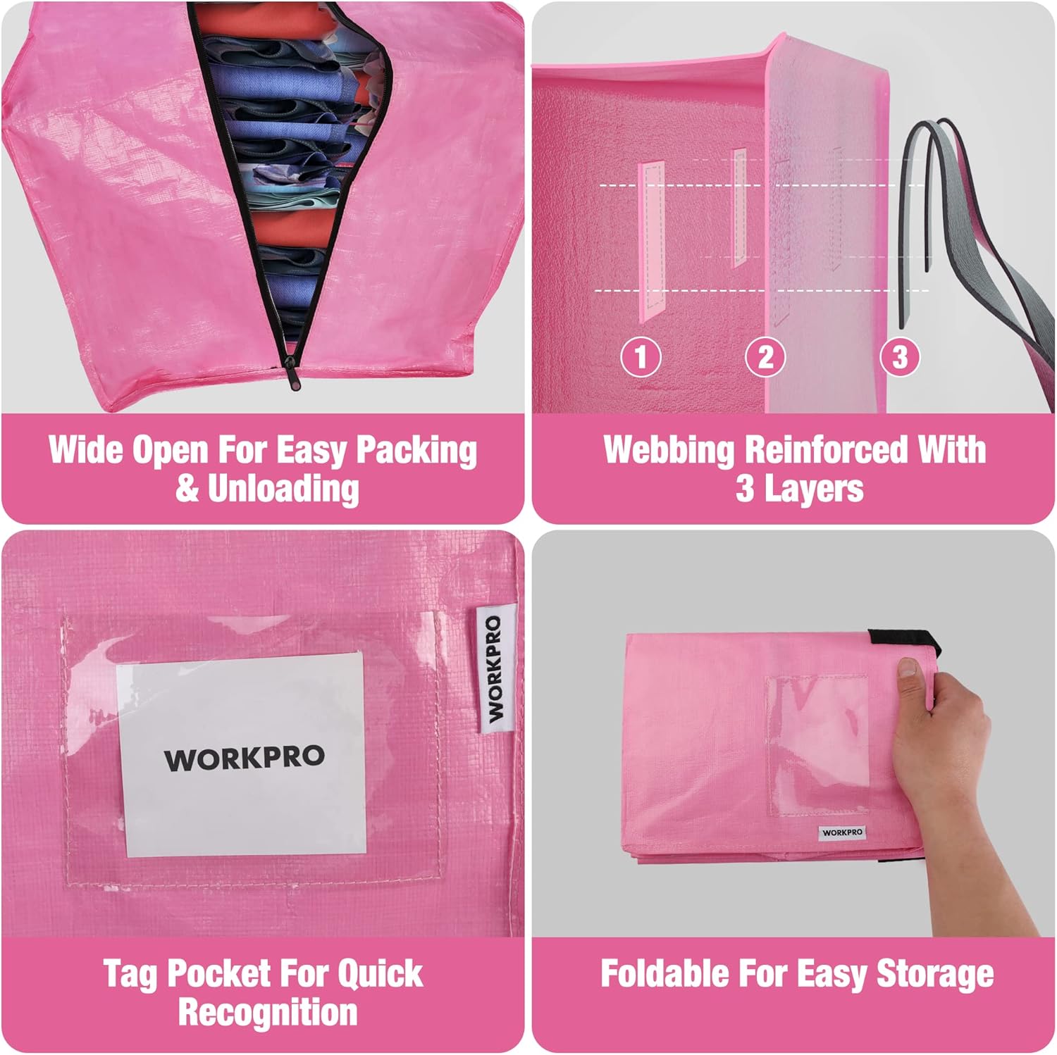 WORKPRO Extra Large Moving Bags - Heavy-Duty Storage Totes with Zippers & Carrying Straps (Pink)