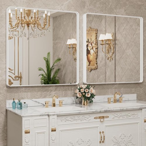 LOAAO White Metal Framed Bathroom Mirror - Large 38x38 Inch Rounded Rectangle | Anti-Rust Tempered Glass, Versatile Hanging Options