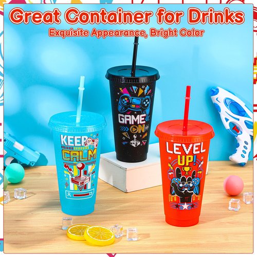 XLSXEXCL 12 Pcs Gamer Party Cups with Lids and Straws Video Game Tumbler 24 oz Plastic Drinking Cups for Gaming Party Favors