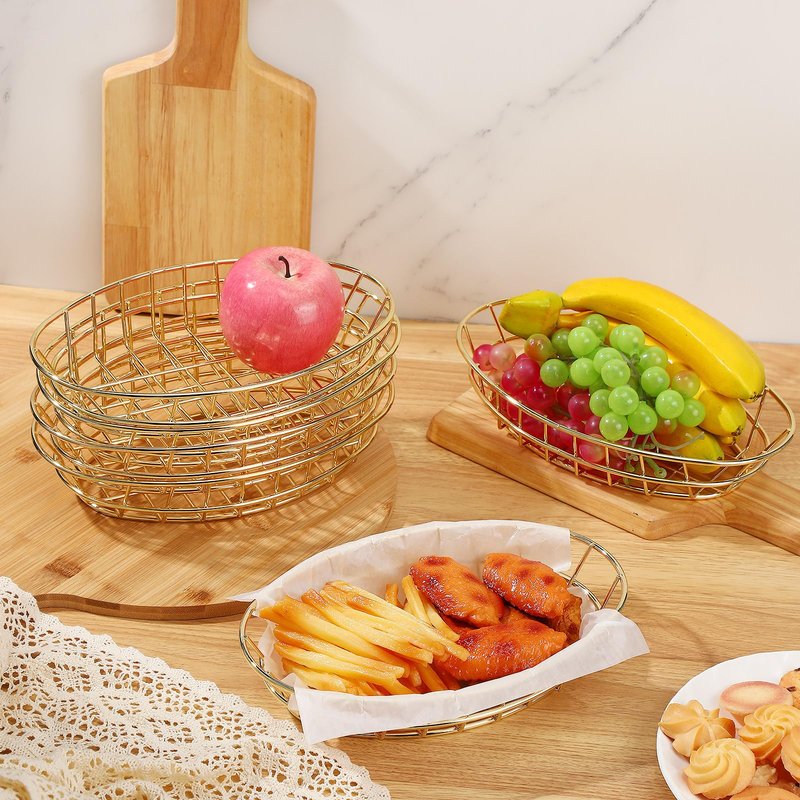 Tioncy 6 Pcs Chrome Oval Metal Wire Baskets 9.5 x 6.2 x 2.2 Inch Bread Serving Decorative Sandwich Container Party Fast Food Basket for Fruit Burger Kitchen Restaurant(Gold)