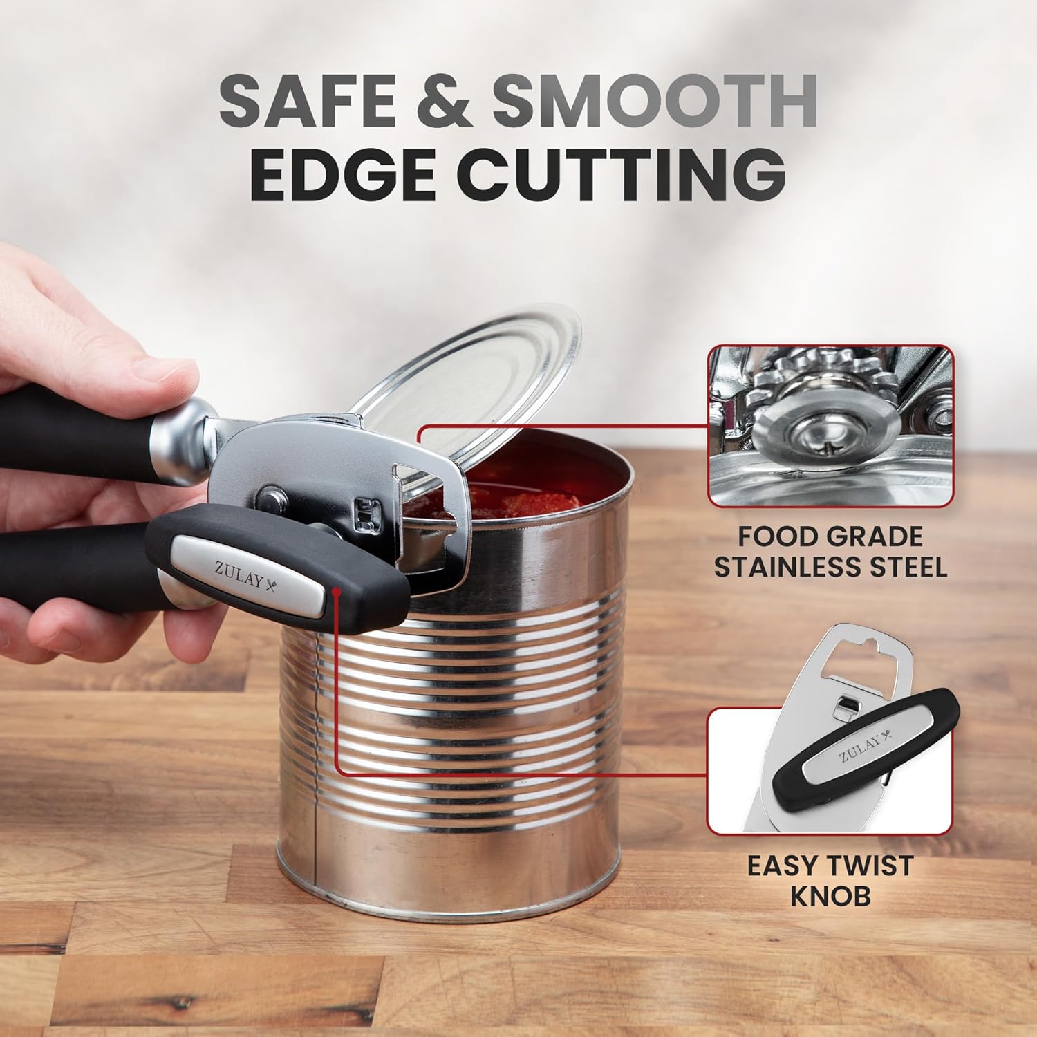 Zulay Kitchen COMFY™ Can Opener - Rust-Proof Stainless Steel with Soft Grip Handles | Black