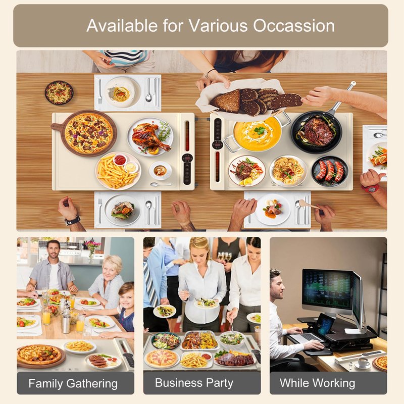 RawecuDex Food Warming Mat 2025, Thicken Fast Heating Silicone Electric Warming Tray, 2 Heating Areas, 7 Level Temperature and 6 Timer, Food Heating Mat for Countertop Parties Home Travel
